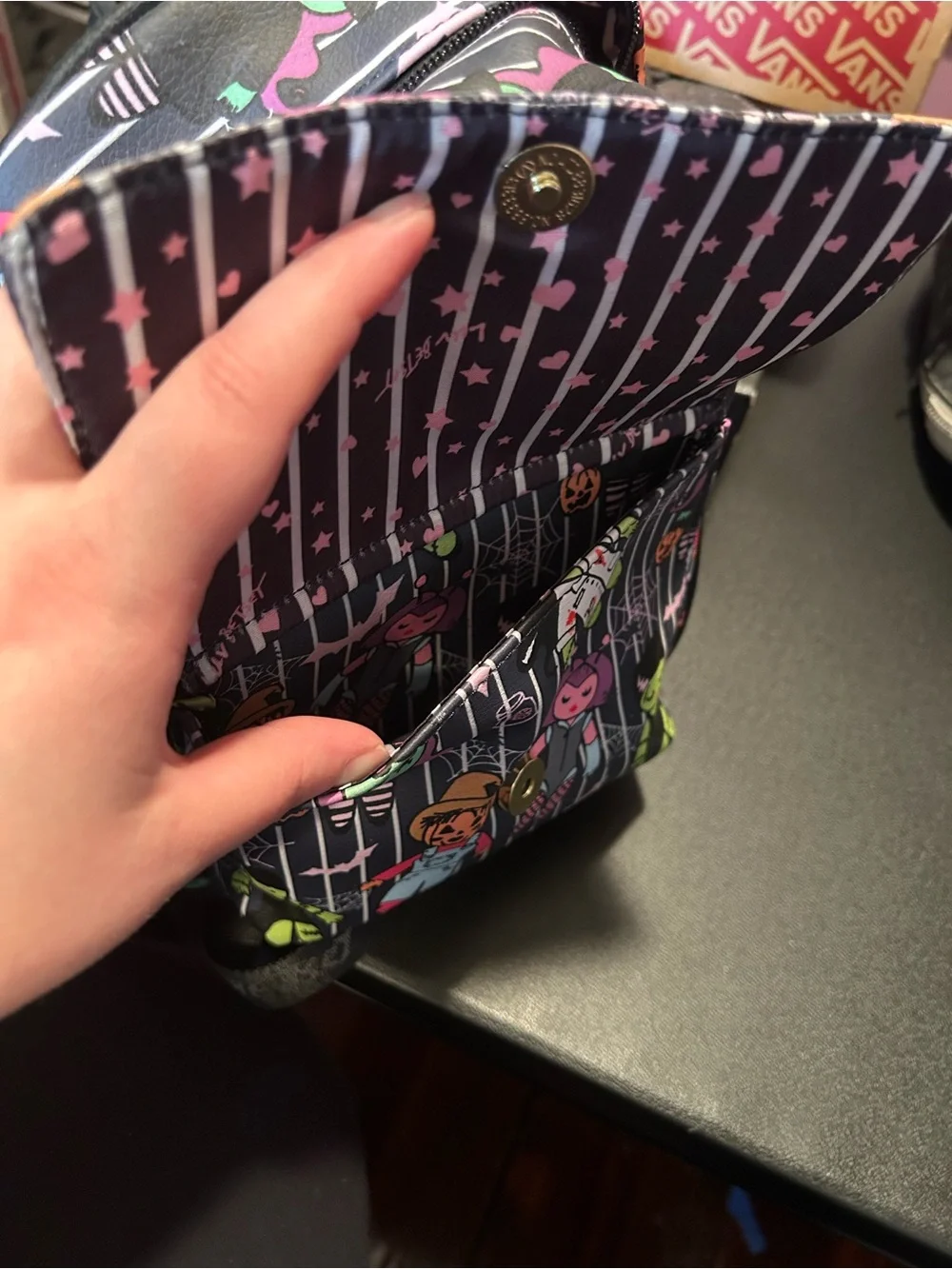 Betsey Johnson Black Mini Backpack with Neon Green & Pink Monster Print